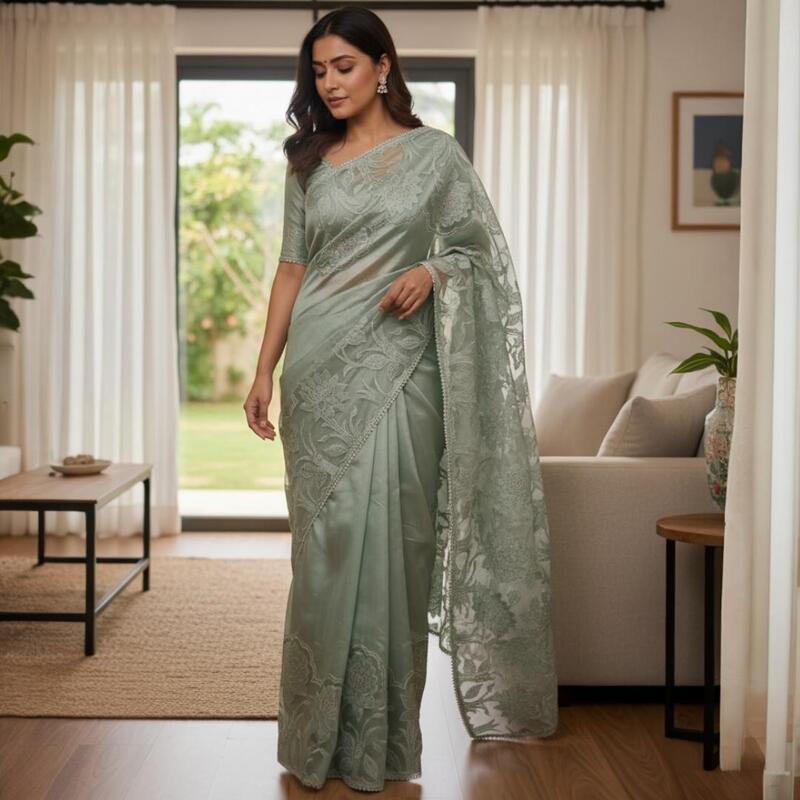 Green Saree with Floral Embroidery