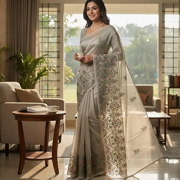 Ivory Saree with Bird & Floral Embroidery