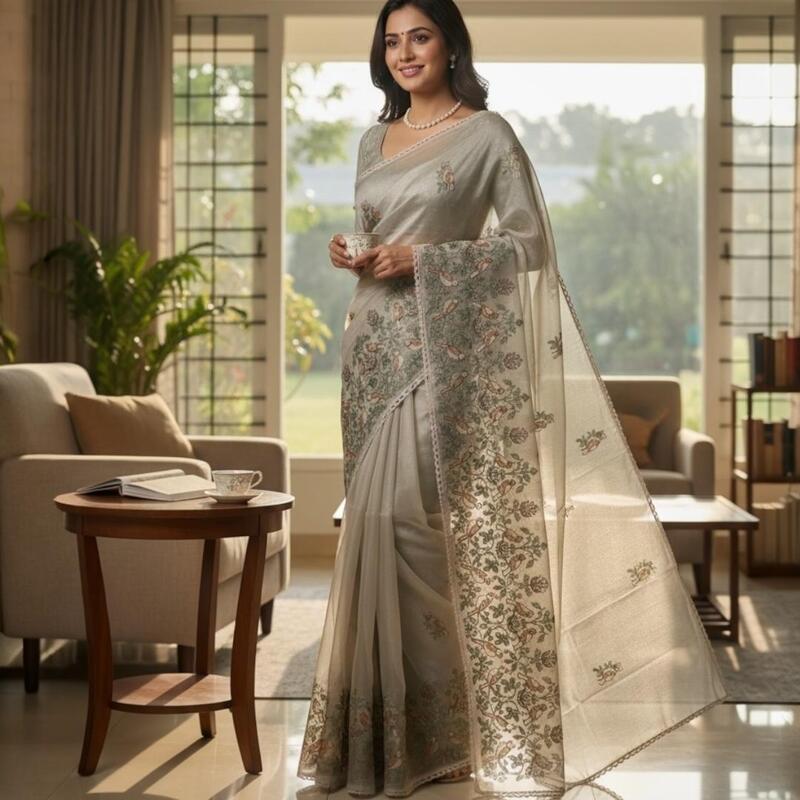 Ivory Saree with Bird & Floral Embroidery