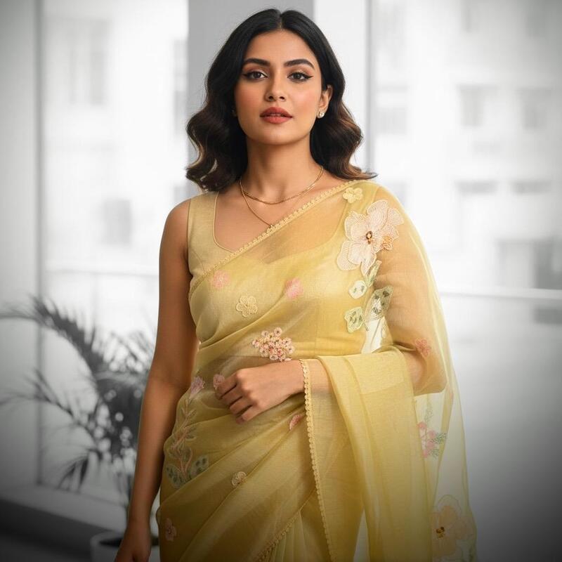 Golden Bloom 3D Appliqué Saree - Golden Yellow