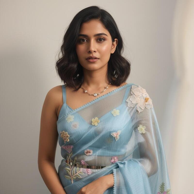 Celestial Bloom 3D Appliqué Saree - Ocean Blue