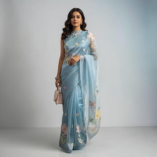 Celestial Bloom 3D Appliqué Saree - Ocean Blue