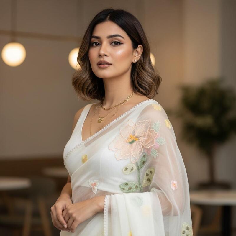 Enchanted Blossom 3D Appliqué Saree - Pearl White