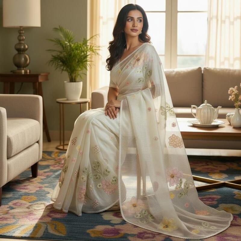 Enchanted Blossom 3D Appliqué Saree - Pearl White