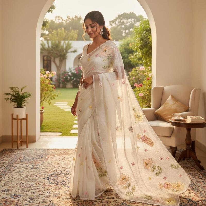 Enchanted Blossom 3D Appliqué Saree - Pearl White