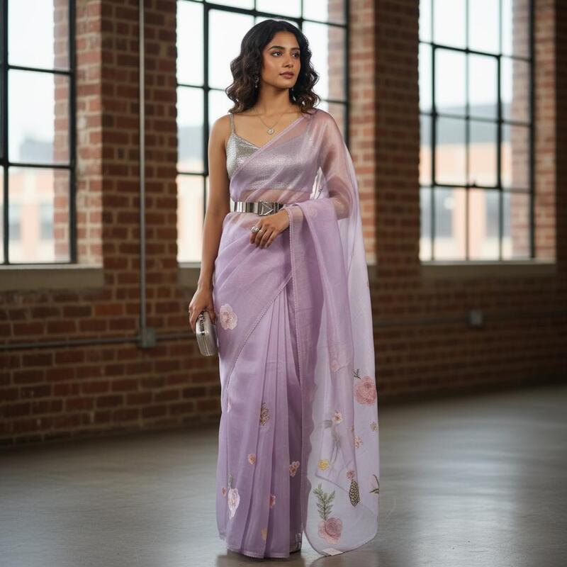 Whispering Petals 3D Appliqué Saree - Lavender