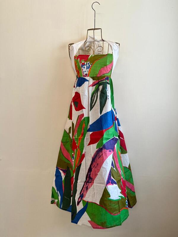 Hoor's Halter Neck Tube Dress - White & Colorful leaves
