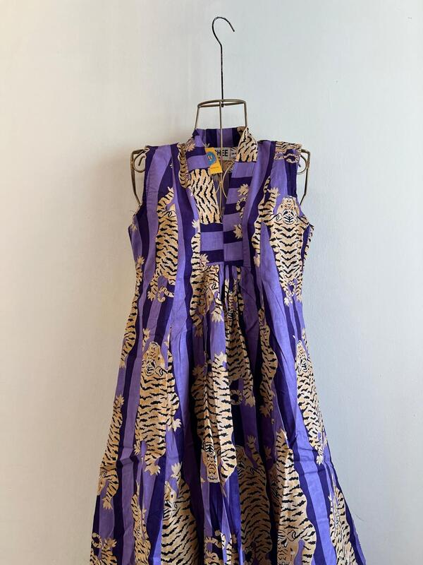 Charita's Everyday Sleeve Less Flare Dress - Purple Stripes & Tigers