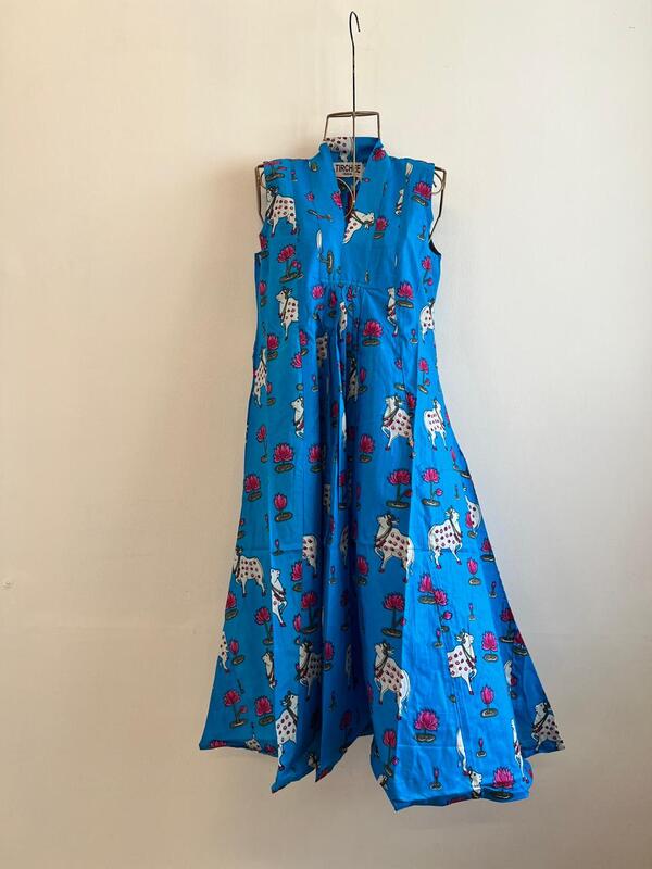 Charita's Everyday Sleeve Less Flare Dress - Blue & Pichwai