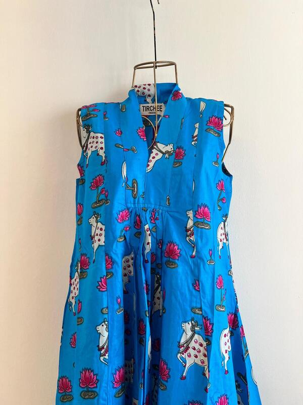 Charita's Everyday Sleeve Less Flare Dress - Blue & Pichwai