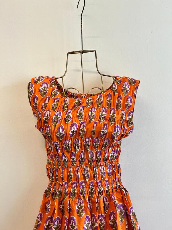 Sayesha's Sleeve less Triple smocked dress - Orange & Purple Flowers