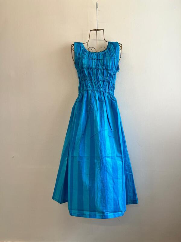 Sayesha's Sleeve less Triple smocked dress - Blue & Blue Stripes