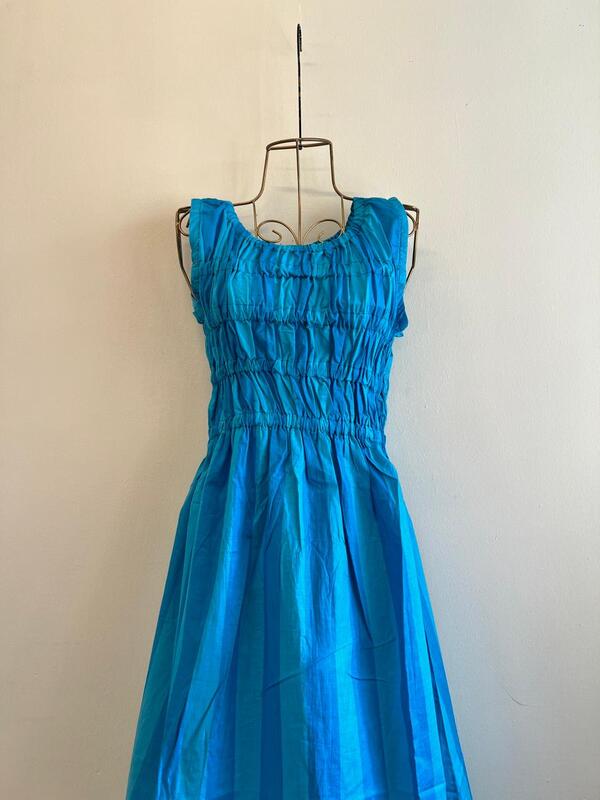 Sayesha's Sleeve less Triple smocked dress - Blue & Blue Stripes