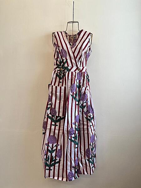 Diya's Sleeve-Less Wrap Dress - White With maroon Stripes & Flowers