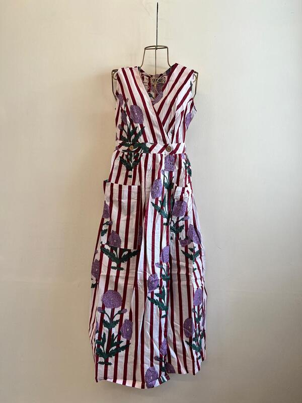 Diya's Sleeve-Less Wrap Dress - White With maroon Stripes & Flowers