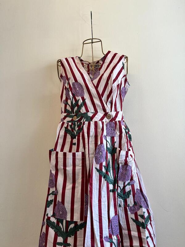 Diya's Sleeve-Less Wrap Dress - White With maroon Stripes & Flowers