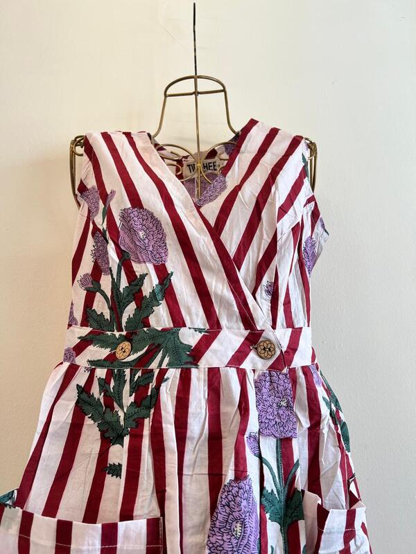 Diya's Sleeve-Less Wrap Dress - White With maroon Stripes & Flowers