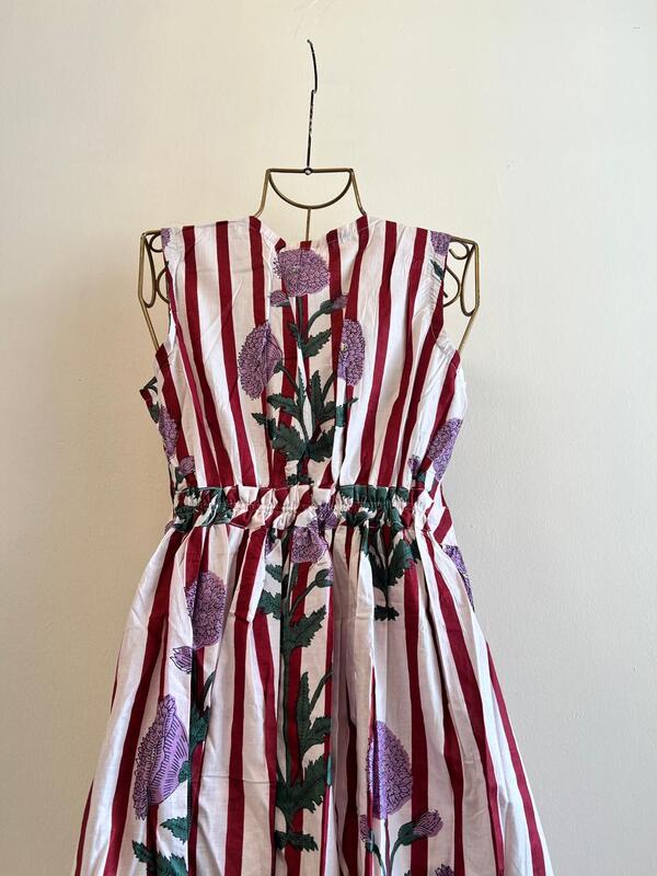 Diya's Sleeve-Less Wrap Dress - White With maroon Stripes & Flowers