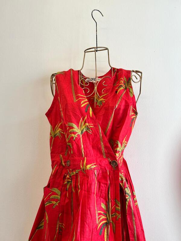 Diya's Sleeve-Less Wrap Dress - Red & Palm Trees