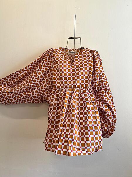 Dilruba's Balloon Sleeve Peplum Top - Mustard with Red Dots