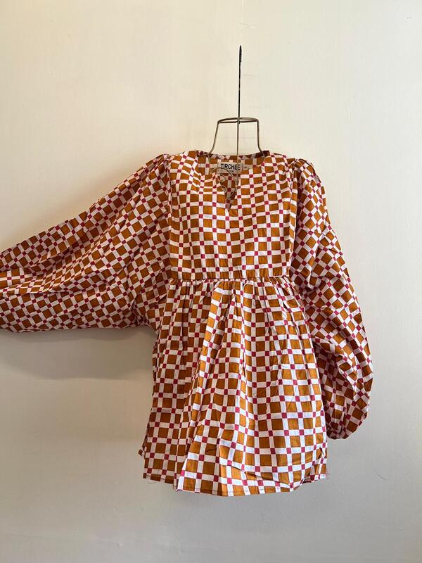 Dilruba's Balloon Sleeve Peplum Top - Mustard with Red Dots