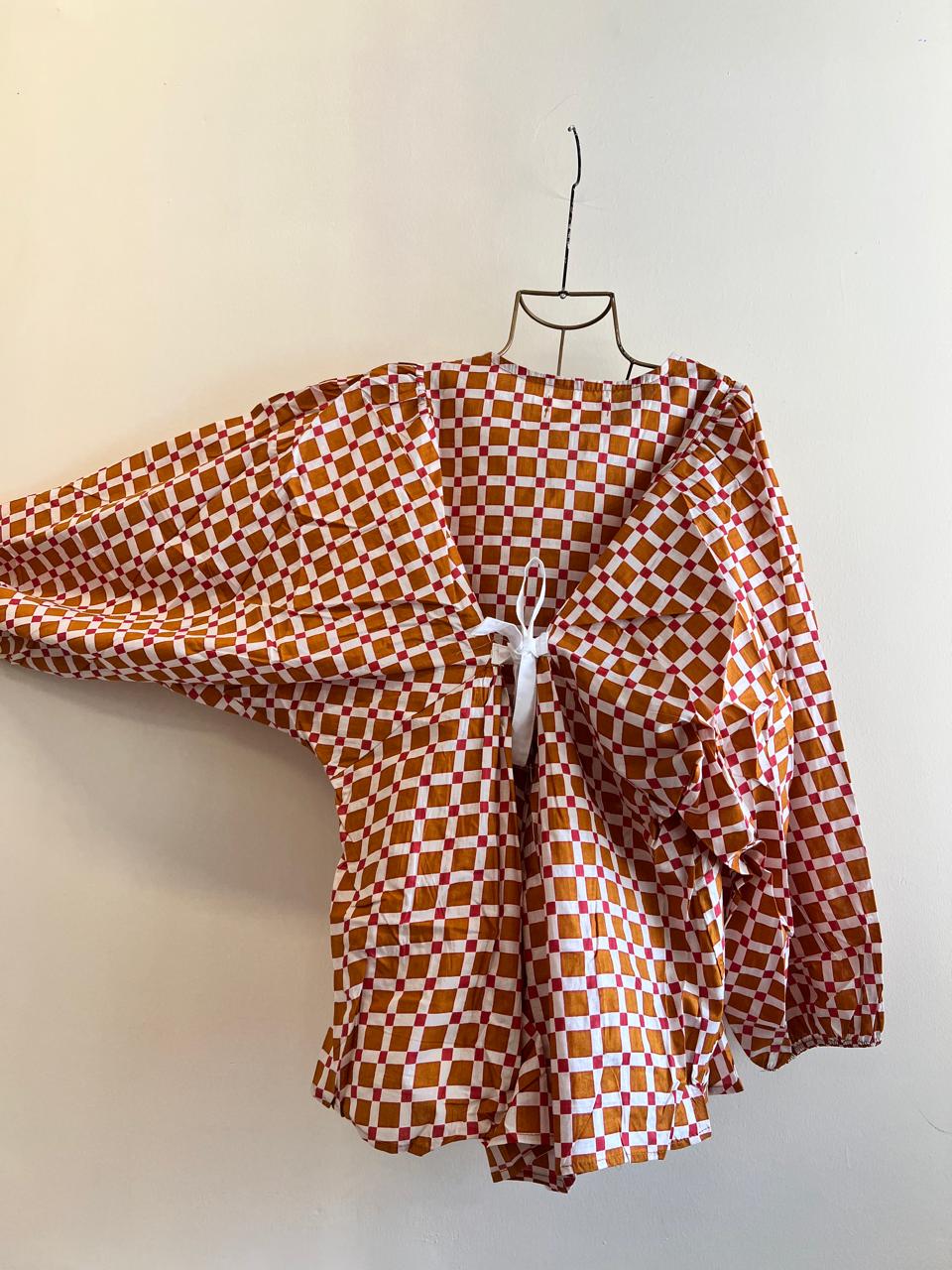 Dilruba's Balloon Sleeve Peplum Top - Mustard with Red Dots