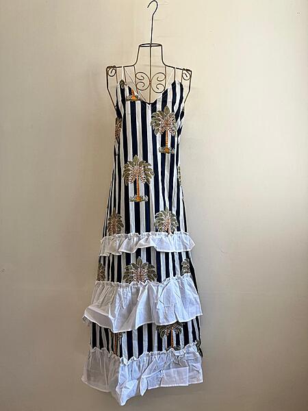 Anika's Free-Size Strappy Dress - White & Blue With Trees and Frills
