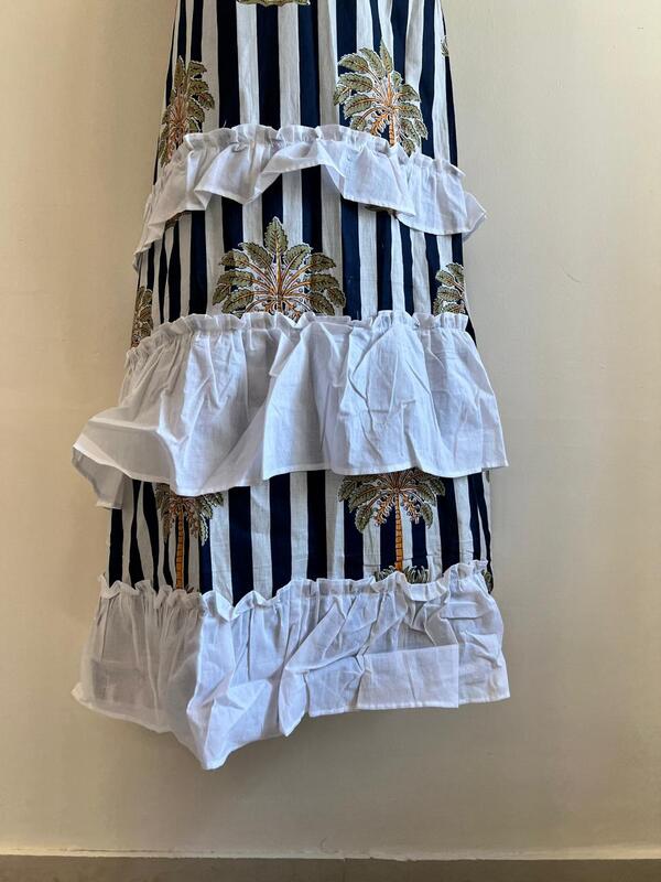 Anika's Free-Size Strappy Dress - White & Blue With Trees and Frills
