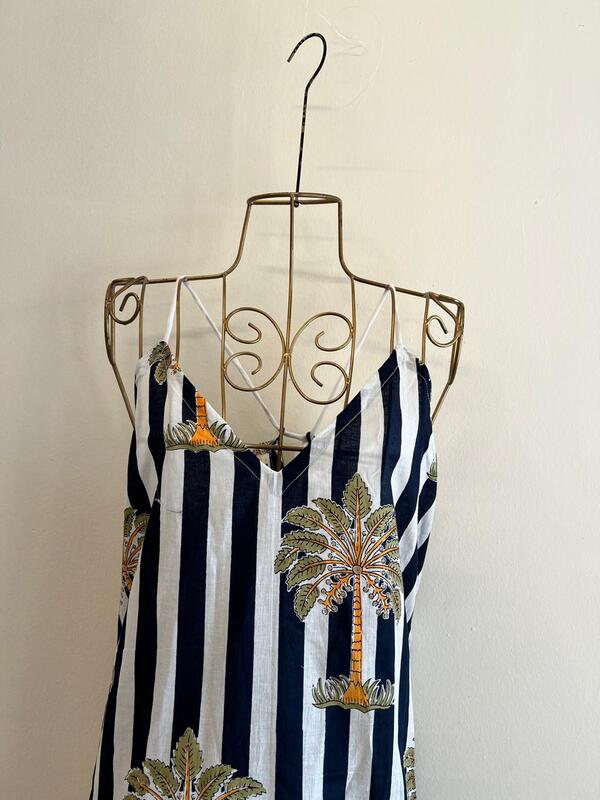 Anika's Free-Size Strappy Dress - White & Blue With Trees and Frills