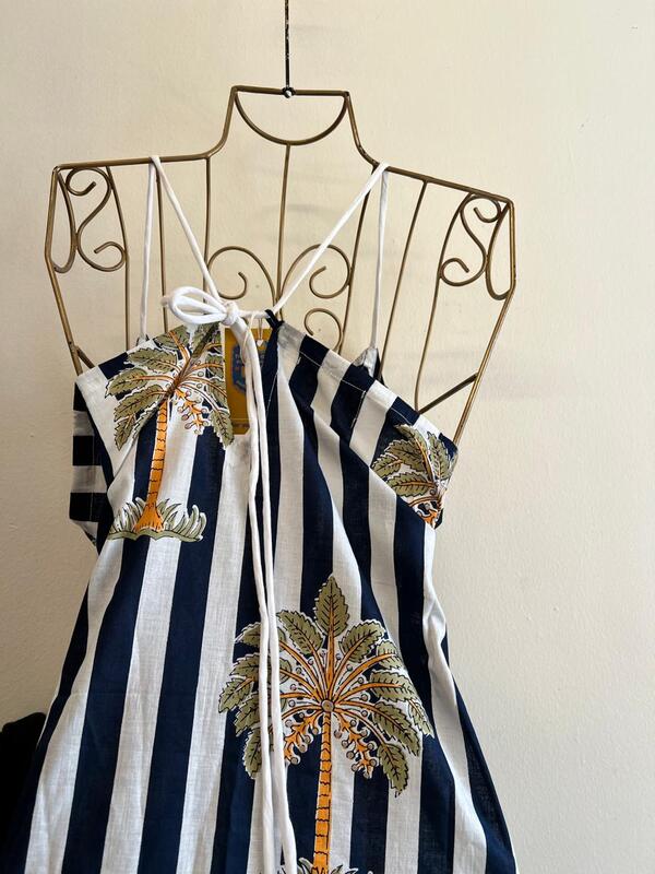 Anika's Free-Size Strappy Dress - White & Blue With Trees and Frills