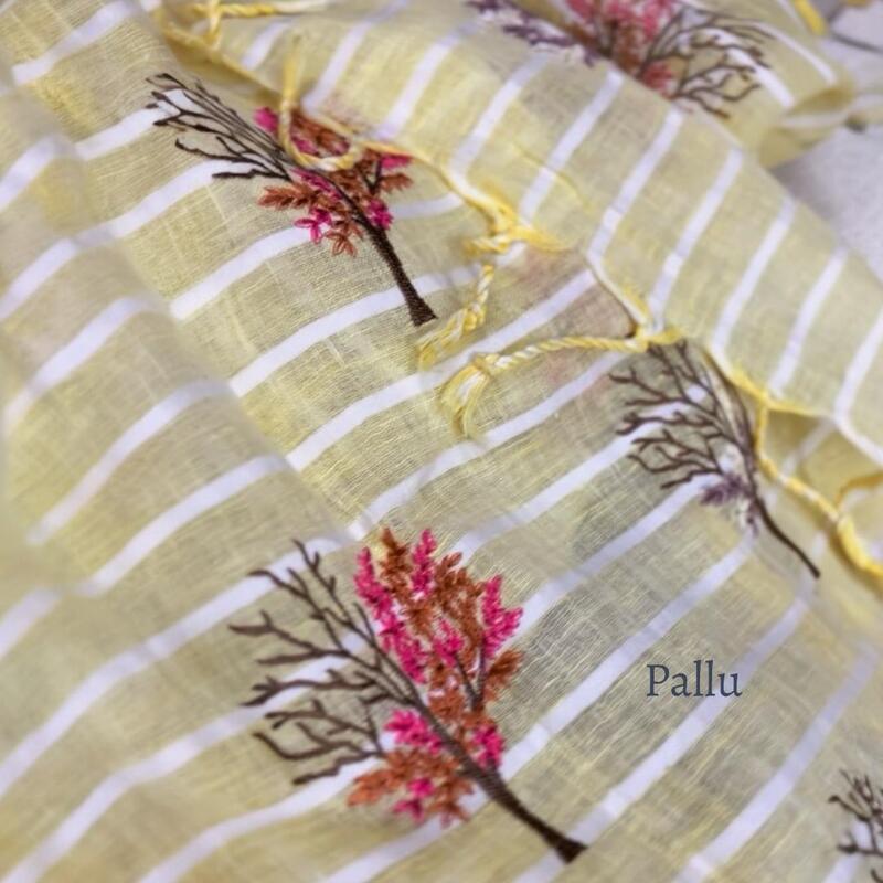 Primrose Yellow Hand-Embroidered Pure Linen by Linen Saree