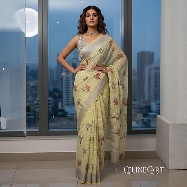 Primrose Yellow Hand-Embroidered Pure Linen by Linen Saree