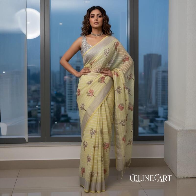 Primrose Yellow Hand-Embroidered Pure Linen by Linen Saree