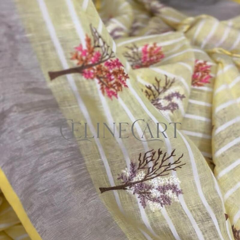 Primrose Yellow Hand-Embroidered Pure Linen by Linen Saree
