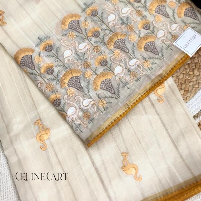 Ivory Pure Tussar Silk Saree with Hand-Embroidered Golden Swans