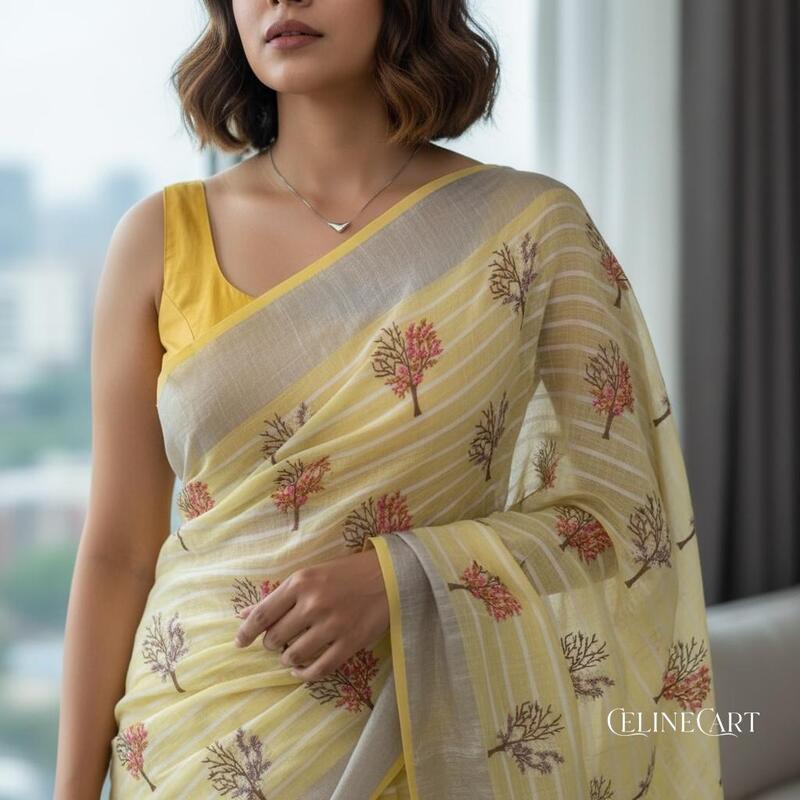 Primrose Yellow Hand-Embroidered Pure Linen by Linen Saree