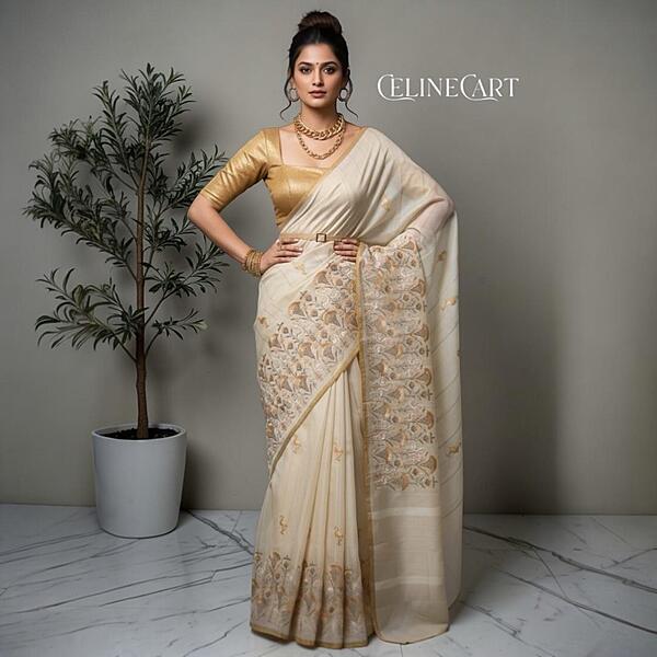 Ivory Pure Tussar Silk Saree with Hand-Embroidered Golden Swans