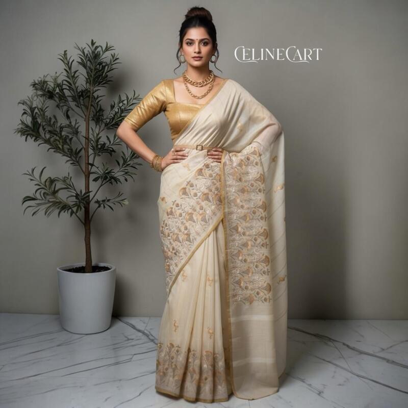 Ivory Pure Tussar Silk Saree with Hand-Embroidered Golden Swans