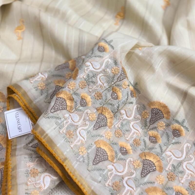 Ivory Pure Tussar Silk Saree with Hand-Embroidered Golden Swans