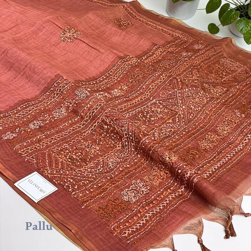 Elegant Dusty Rose Linen Tissue Blend Saree with Intricate Hand-Embroidery and Sequin Work