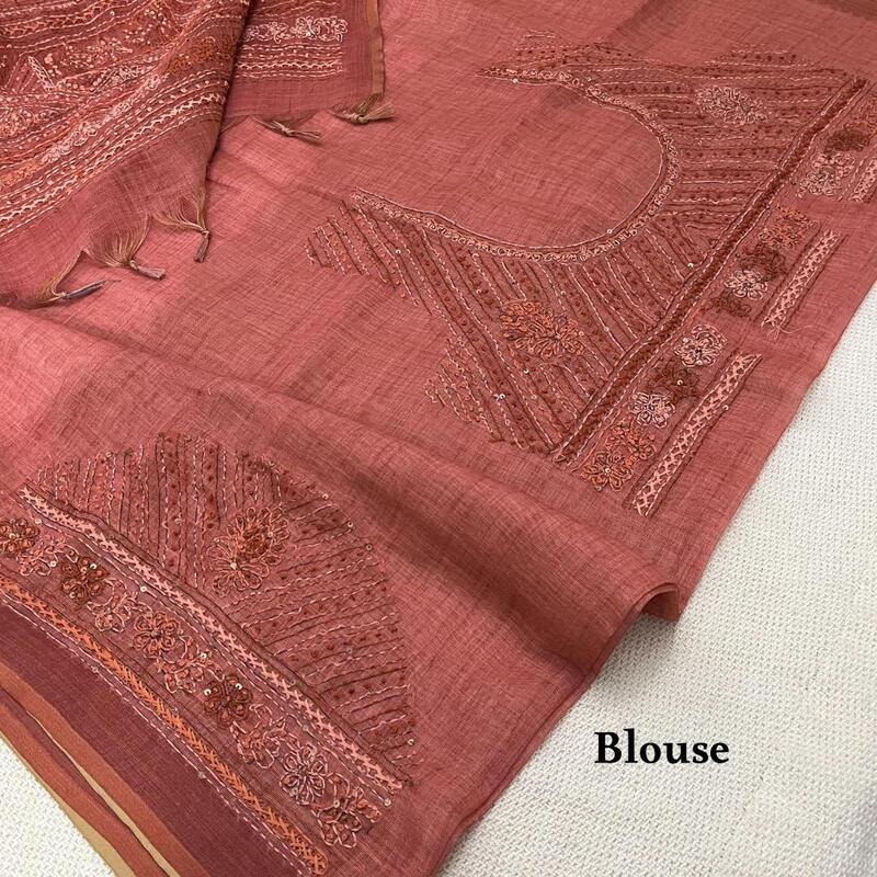 Elegant Dusty Rose Linen Tissue Blend Saree with Intricate Hand-Embroidery and Sequin Work