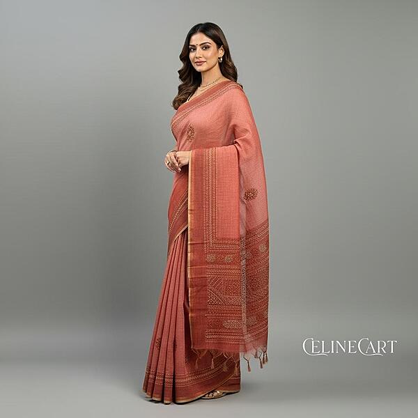 Elegant Dusty Rose Linen Tissue Blend Saree with Intricate Hand-Embroidery and Sequin Work