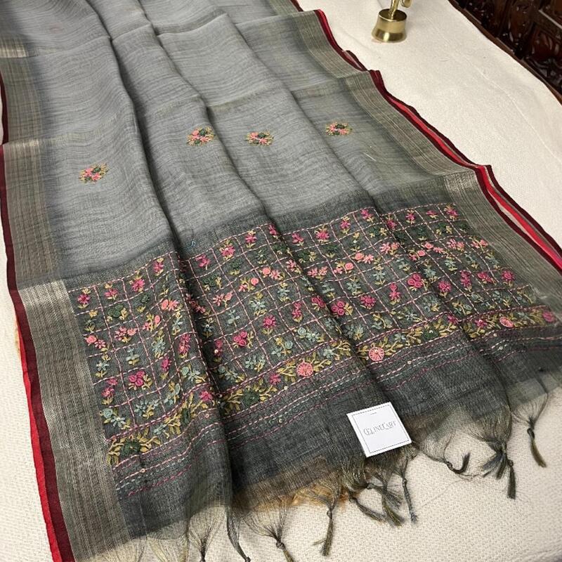 Elegant Grey Tissue Linen Saree with Floral French Knot Embroidery & Contrast Border