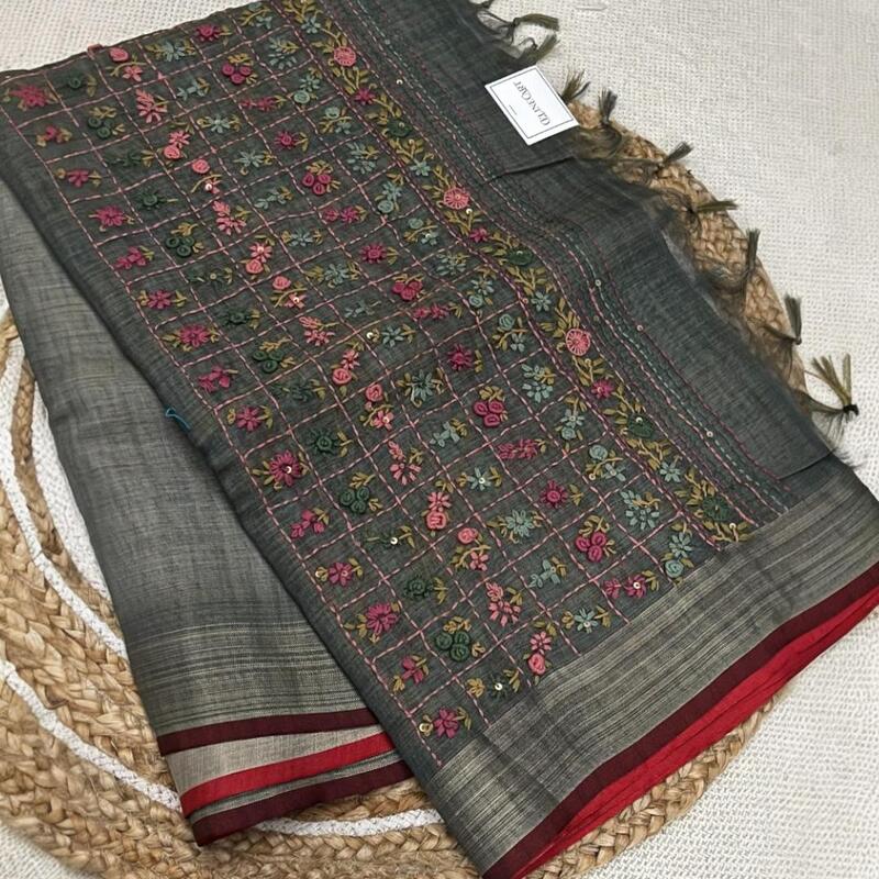 Elegant Grey Tissue Linen Saree with Floral French Knot Embroidery & Contrast Border
