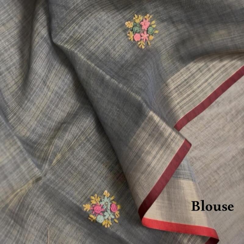 Elegant Grey Tissue Linen Saree with Floral French Knot Embroidery & Contrast Border