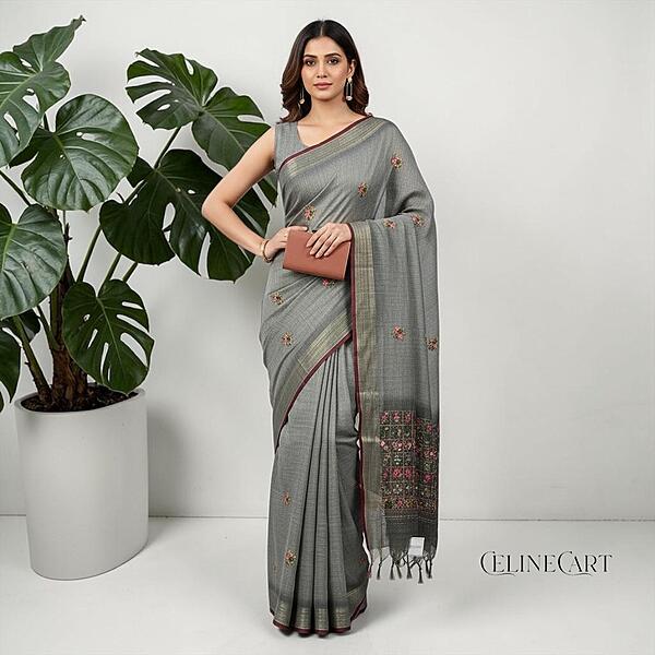 Elegant Grey Tissue Linen Saree with Floral French Knot Embroidery & Contrast Border