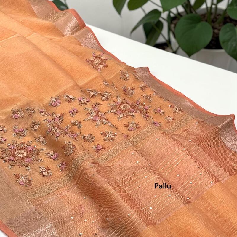 Peach-Orange Tissue Linen Saree with Intricate French Knot Embroidery and Zari Borders