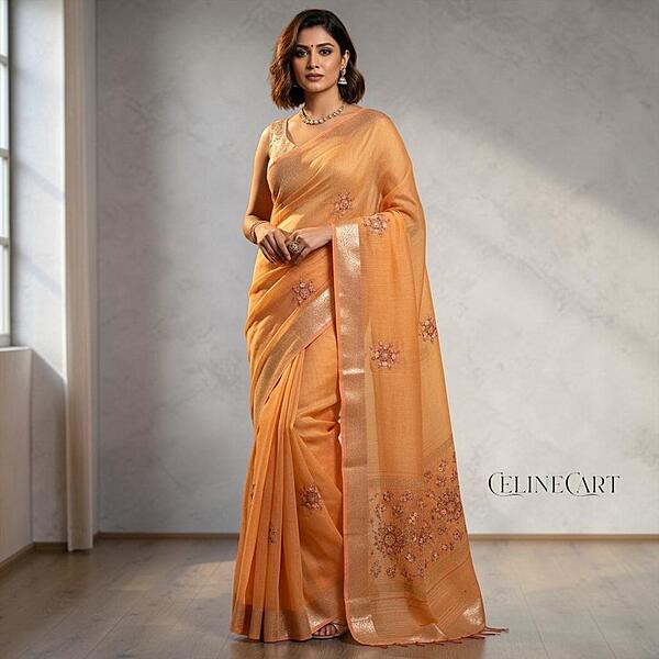 Peach-Orange Tissue Linen Saree with Intricate French Knot Embroidery and Zari Borders