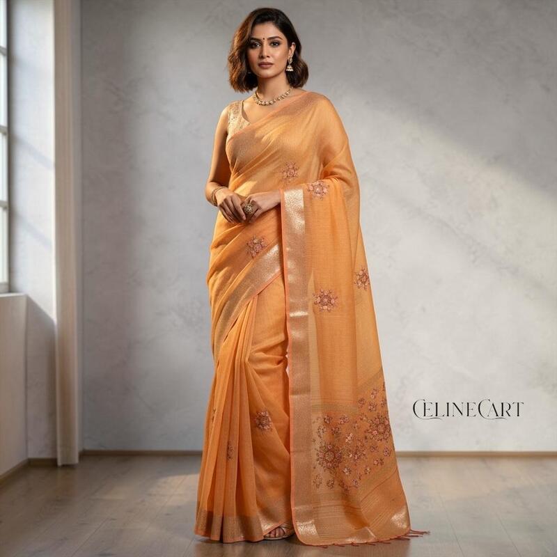 Peach-Orange Tissue Linen Saree with Intricate French Knot Embroidery and Zari Borders