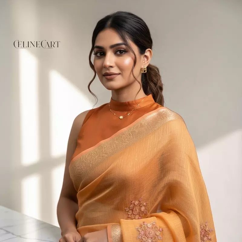 Peach-Orange Tissue Linen Saree with Intricate French Knot Embroidery and Zari Borders